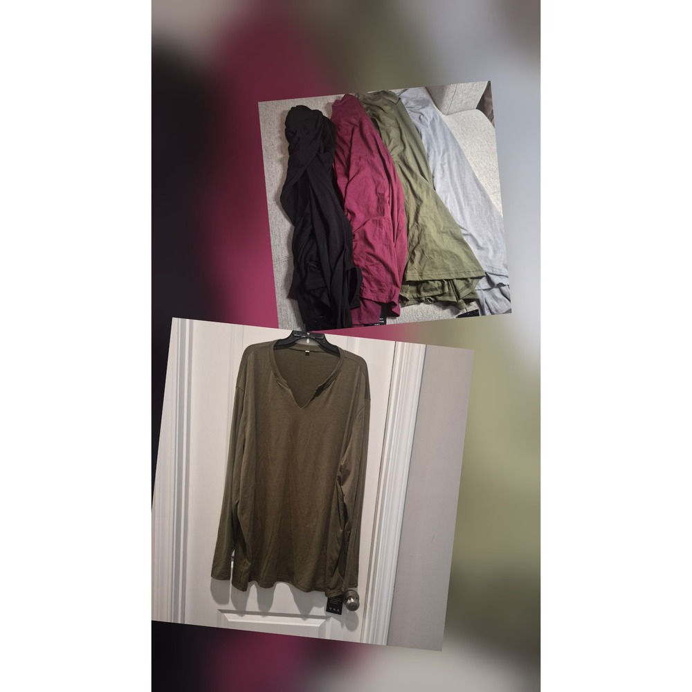 Mens Notch Neck Long Sleeve Shirt Bundle Lot of 4 Black Burgundy Olive Gray 4XL